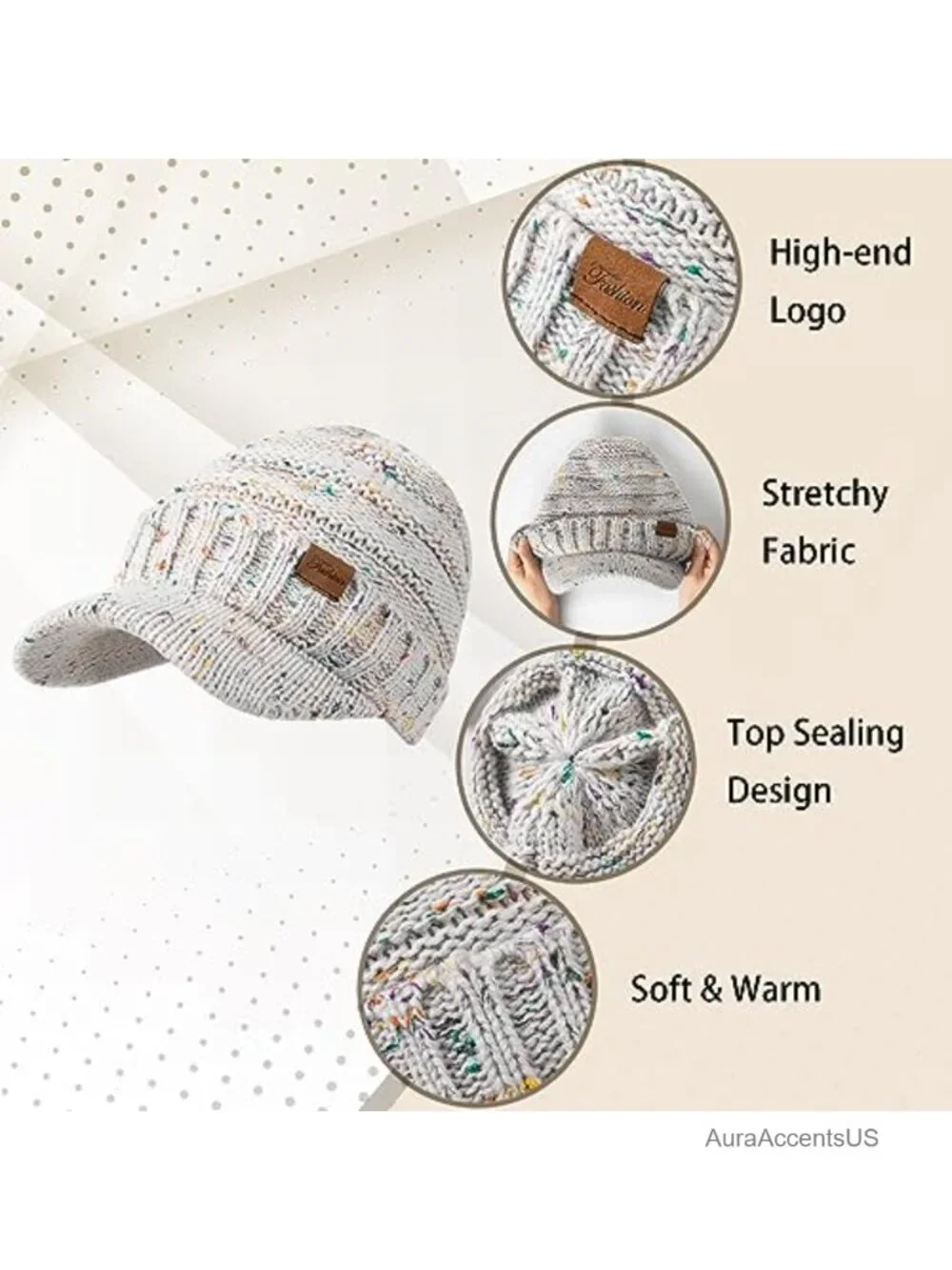 Women's Winter Knit Beanie Hat with Visor, 100% Acrylic